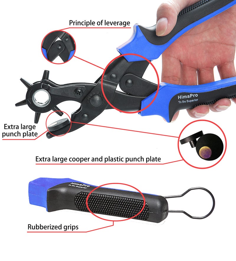 HimaPro مثقاب دوار جلد HimaPro للاحزمة، وأطواق الكلاب، والسرج، والأحذية، وأشرطة الساعات، وغيرها مع مسطرة قياس، ولوحتين مثقوبتين احتياطيتين، ومثقاب معدني صغير - Image 2